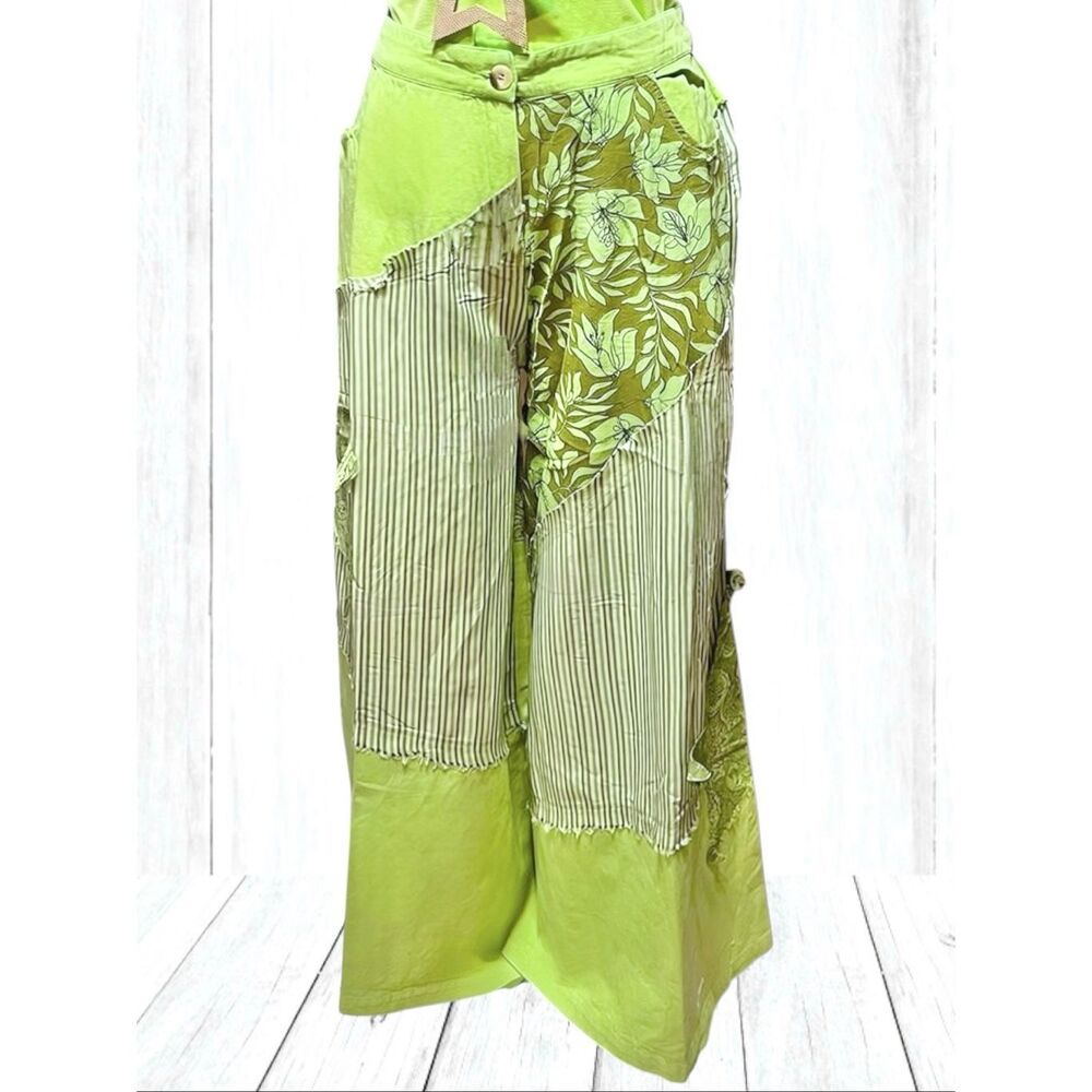POL Striped Floral Patchwork Wide Leg Pants Green Boho Star Patch Palazzo NEW - Picture 9 of 12